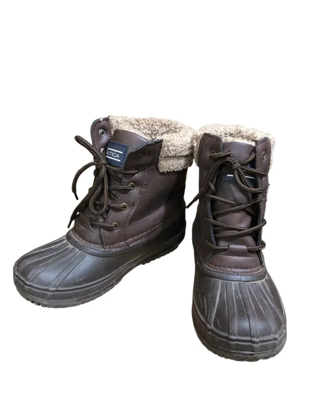 Nautica Danube Snow Winter Duck Boots Kids 3 Brown Faux Leather Sherpa-Lined